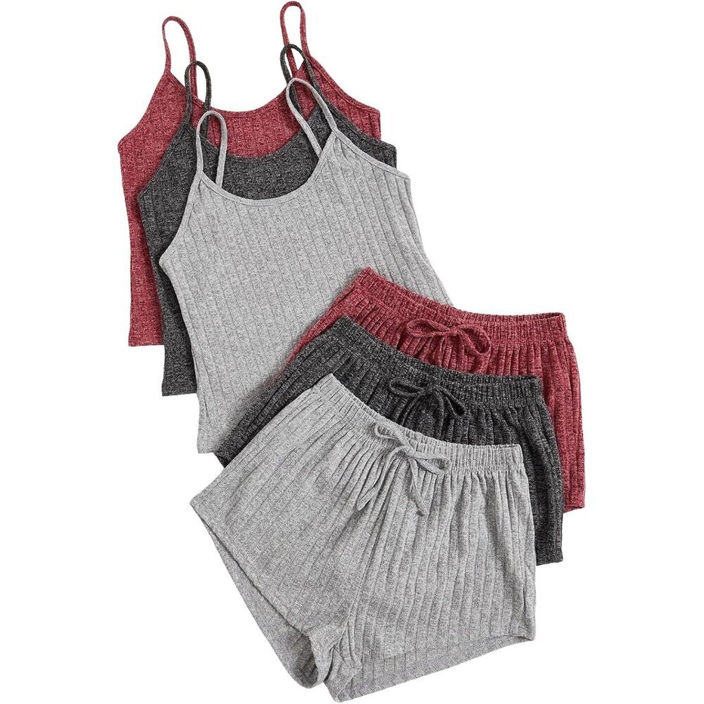 Women's Ribbed Pajamas Set Crop Tank Top Shorts Lounge Sleepwear